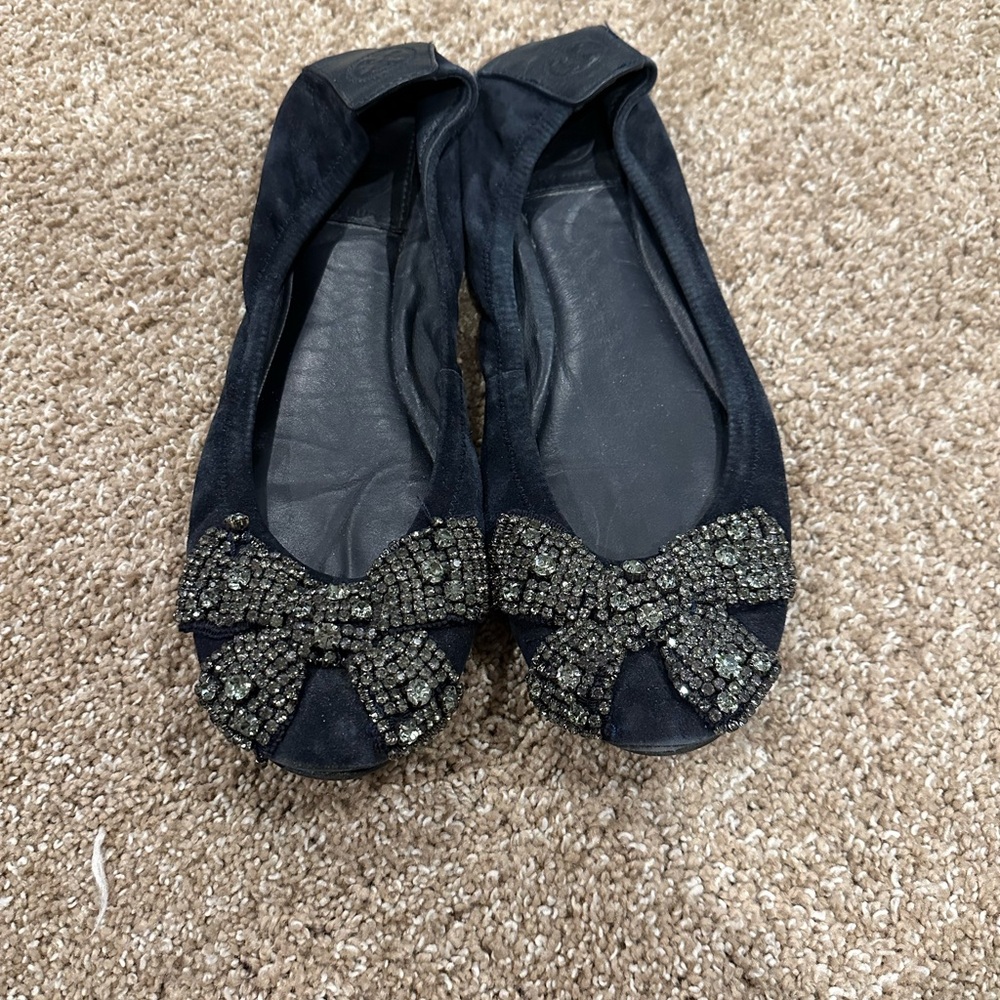 Tory Burch Navy suede embellished bow flat